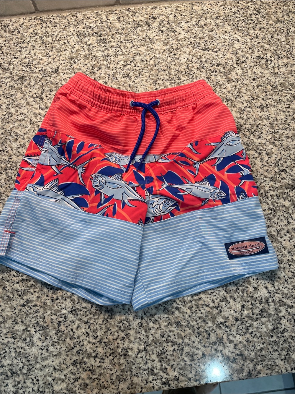 Vineyard Vines Coral Red & Light Blue Fish-Print Swim Shorts